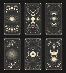 Magic tarot cards. Vintage hand drawn mystic tarot cards, stars, crescents, magical symbols. Magic occult cards illustration set.	