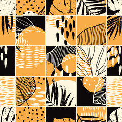 Geometric seamless pattern with tropical leaves sketch.  For wrapping paper. Ideal for wallpaper, surface textures, textiles.