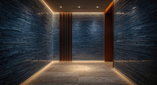 Entry passage of a modern dwelling with a large textured bluestone feature wall