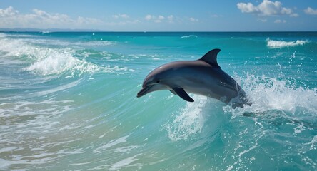 Fototapeta premium Bubbly dolphin weaving through turquoise coastal surf