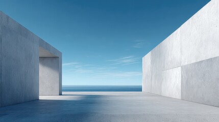 Obraz premium Minimalist Architectural Space Overlooking Tranquil Blue Ocean