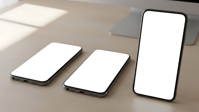 Three Smartphones Displayed on Light Wooden Table