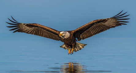 Fototapeta premium Bald eagle from Falconiformes order traveling gracefully across water with wide wingspan