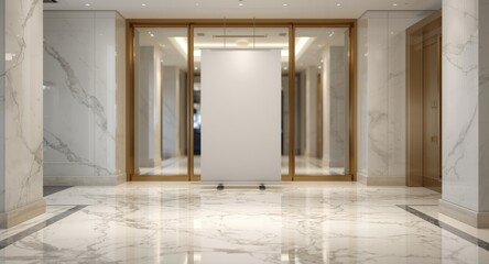 Fototapeta premium Elegant lobby hallway banner featuring white marble stone surface and soft focus glass window backdrop for display use