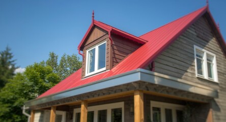 Obraz premium House featuring red metal dormer roof and stainless steel covering in daylight
