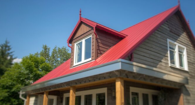 House featuring red metal dormer roof and stainless steel covering in daylight