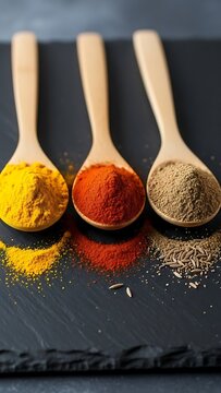 Three Wooden Spoons with Spices on Dark Slate Background
