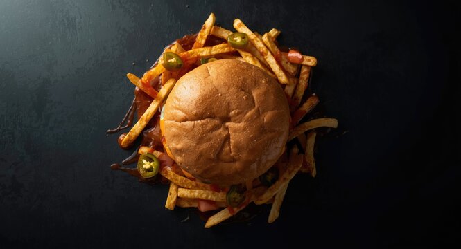 Hamburger with chili jalapenos fries and barbecue sauce seen from top on dark background with copyspace for website