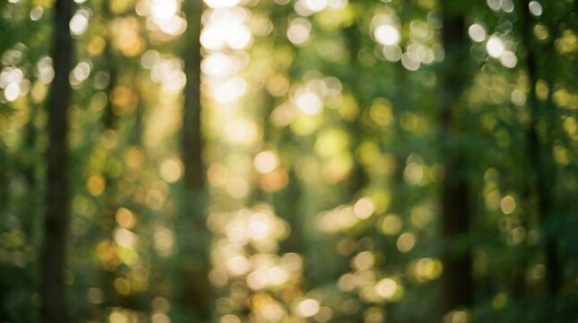 Sunlight filters through a dense forest canopy creating a warm, golden bokeh effect against the dark tree trunks in the background.
