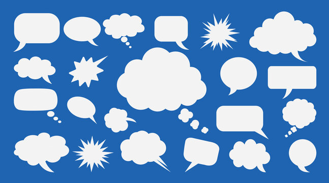 Collection of diverse white speech bubbles and thought clouds on a vibrant blue background, representing communication, ideas, and conversation in multiple styles vector illustration, graphic element