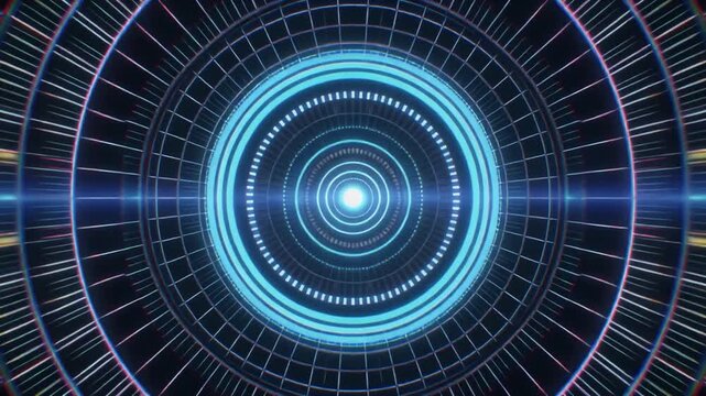 Abstract holographic scanner pulse radiating layered circular grids light distortions futuristic cinematic surreal ethereal ambience cascading softly glowing abstract unique style