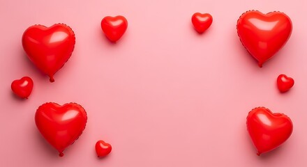 Red heart balloons on pink background for Valentine's Day celebration