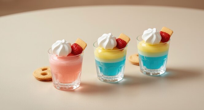 Gelatin mousse served in petite shot glasses with toppings of meringue strawberries and thin tuile cookies
