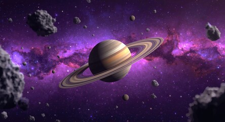 Naklejka premium Cartoon space galaxy background featuring Saturn and orbiting asteroids with purple nebula cosmos dust