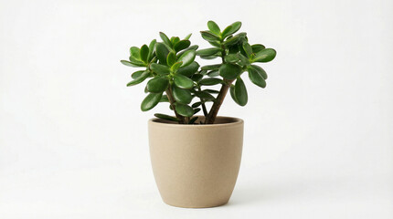 Indoor succulent plant in beige pot against white background  