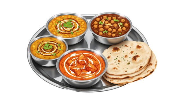 Indian thali vector illustration with naan dal tadka chole and butter chicken