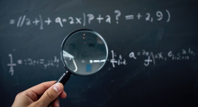 Investigating classroom questions with magnifier over blackboard surface