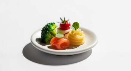 Artfully arranged gourmet appetizer with salmon, pasta, and broccoli on a white plate