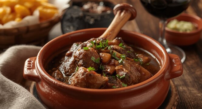 Comforting home style osso buco stew served with tangy herb sauce red wine and crispy fries