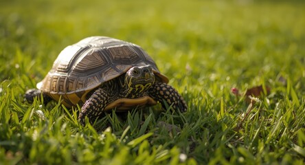 Cheerful pet turtle wandering on bright green grass lawn full length summer afternoon