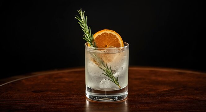 Dark backdrop presentation of gin tonic with fresh rosemary and citrus fruit topping