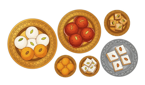 Festive Indian mithai thali top view vector art for celebrations