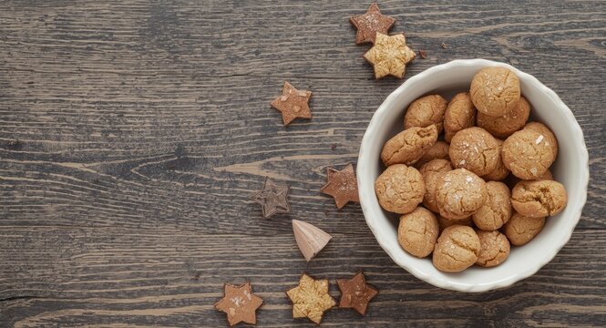 Amaretti cookies arranged in dish with summer copy space on textured wooden surface