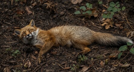 Naklejka premium High detail photo of fox scat laying on natural forest ground