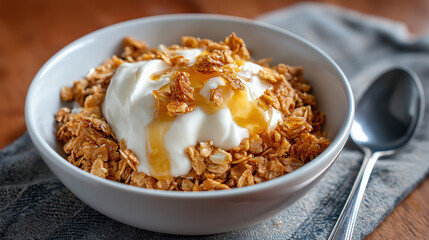 bowl of golden granola with yogurt and honey