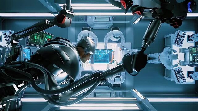 Hightech robotics station assembling quantum components, Overhead robotic manipulators precisely assembling luminous quantum cores on central platforms under LED illumination and monitoring systems