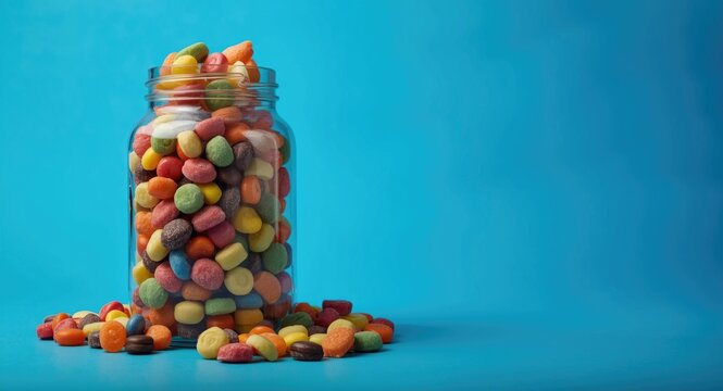 Glass jar overfilled with multicolored candies on a vivid blue backdrop