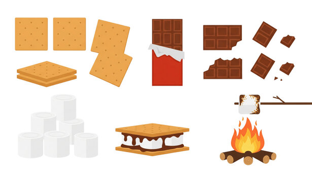 Flat s&rsquo;mores ingredient illustration set for camping and outdoor design