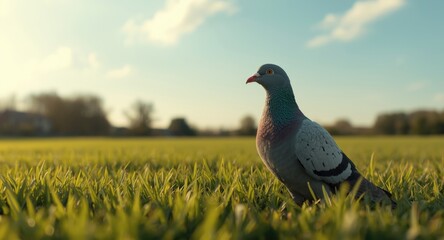Obraz premium Bright summer day featuring a joyful pet pigeon on a full length green grass lawn