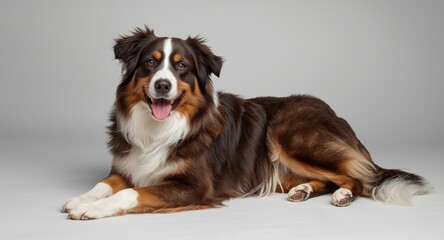 Fototapeta premium Jovial Australian Shepherd dog resting and giving paw in amusing studio portrait