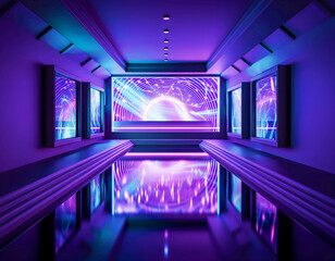 3d render, abstract ultraviolet background, empty room, purple blue corridor, violet tunnel, virtual reality space, screen, club stage, floor reflection.
