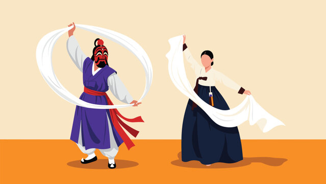 Performers in traditional korean hanbok and a mask are performing a graceful dance with long white fabric ribbons for a cultural event.