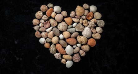Creative heart design of assorted colorful sea shells paired with lively stones and shell edges on dark backdrop and copy space