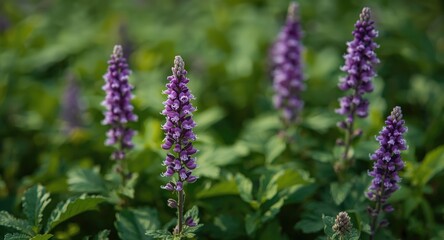Obraz premium Blooming Purple Henbit Among Green Foliage Outdoors