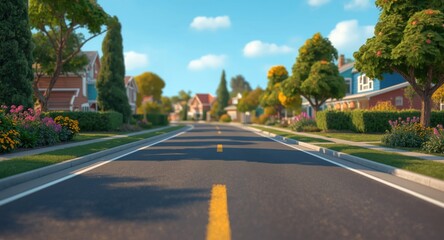 Obraz premium A scenic 2d cartoon view of a suburban asphalt road lined with charming homes and lush vegetation
