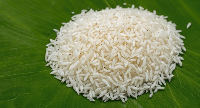 Close shot of Sona Masoori rice on green leaf surface offering abundant copy space