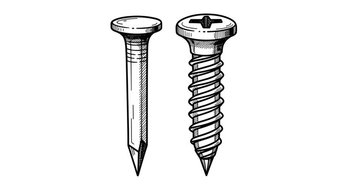 Nail and screw line art illustration in black and white