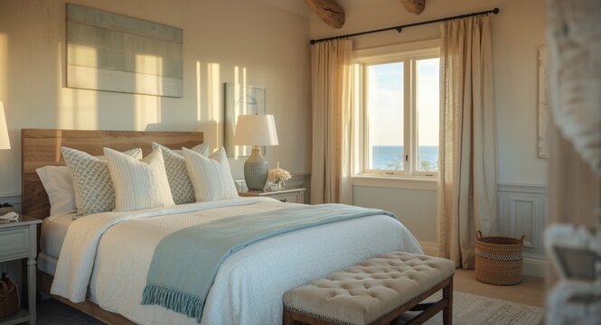 Coastal inspired bedroom with warm lighting in a cozy home interior