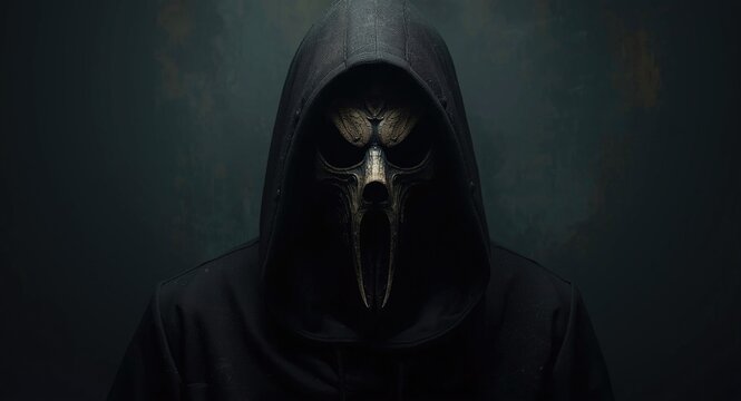 Dark hooded figure adorned with a creepy ancient executioners mask with copy space