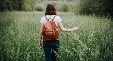 Serene Escape Woman with backpack strolls through lush green meadow.