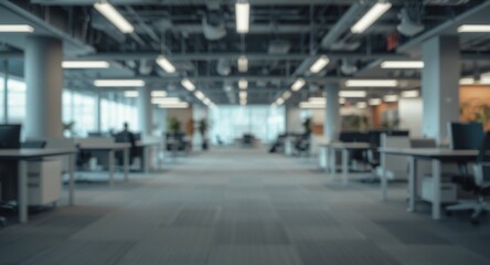 Fototapeta premium Empty corporate workspace with blurred backdrop and open concept