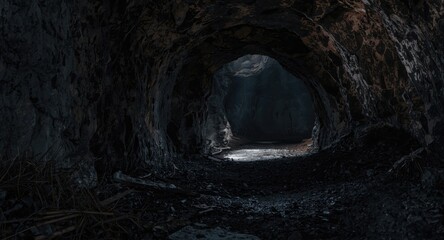 Obraz premium Dark cave opening set in rough rock wall at old mineral mine