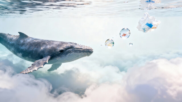 Humpback whale encounters plastic pollution in a surreal underwater dreamscape