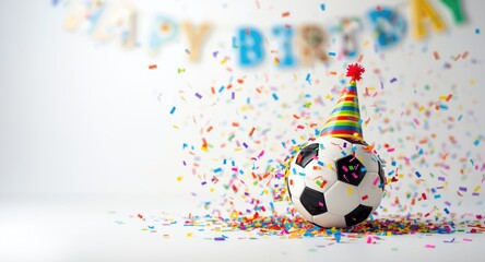 Obraz premium Lively sports birthday image with a soccer ball in party gear surrounded by confetti