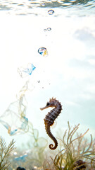 Obraz premium Seahorse swims near plastic pollution, highlighting ocean conservation needs