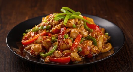 Fototapeta premium Delicious spicy chicken stir fry with vibrant bell peppers onion garlic and fresh ginger